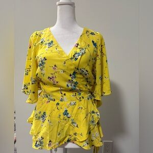 LOFT Yellow Floral Wrap-Style Blouse